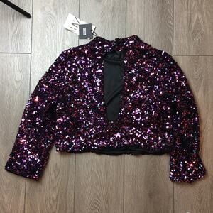 Zara Purple Black Sequin Top Sparkly Key Hole Back Cropped Size M NWT